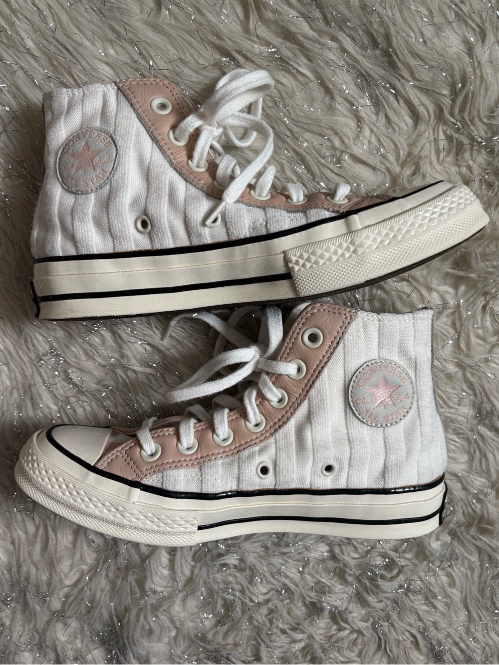 Converse White and Light Pink Women’s Chuck Striped High Top Sneakers Size 5.5US